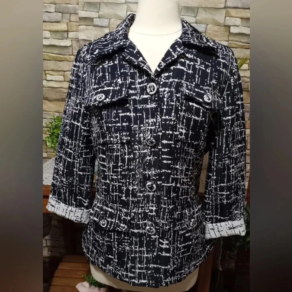 RUBY RD Women's Large(14)Belted Jacket Navy White Abstract Contemporary Classic
